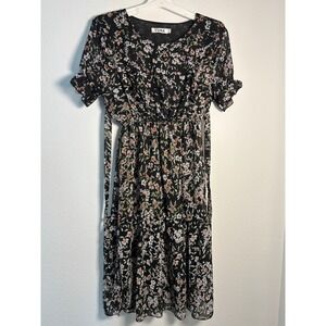 Yuna Floral Midi Dress Black Chiffon Ruffle V-Neck Flutter Sleeve L/XL